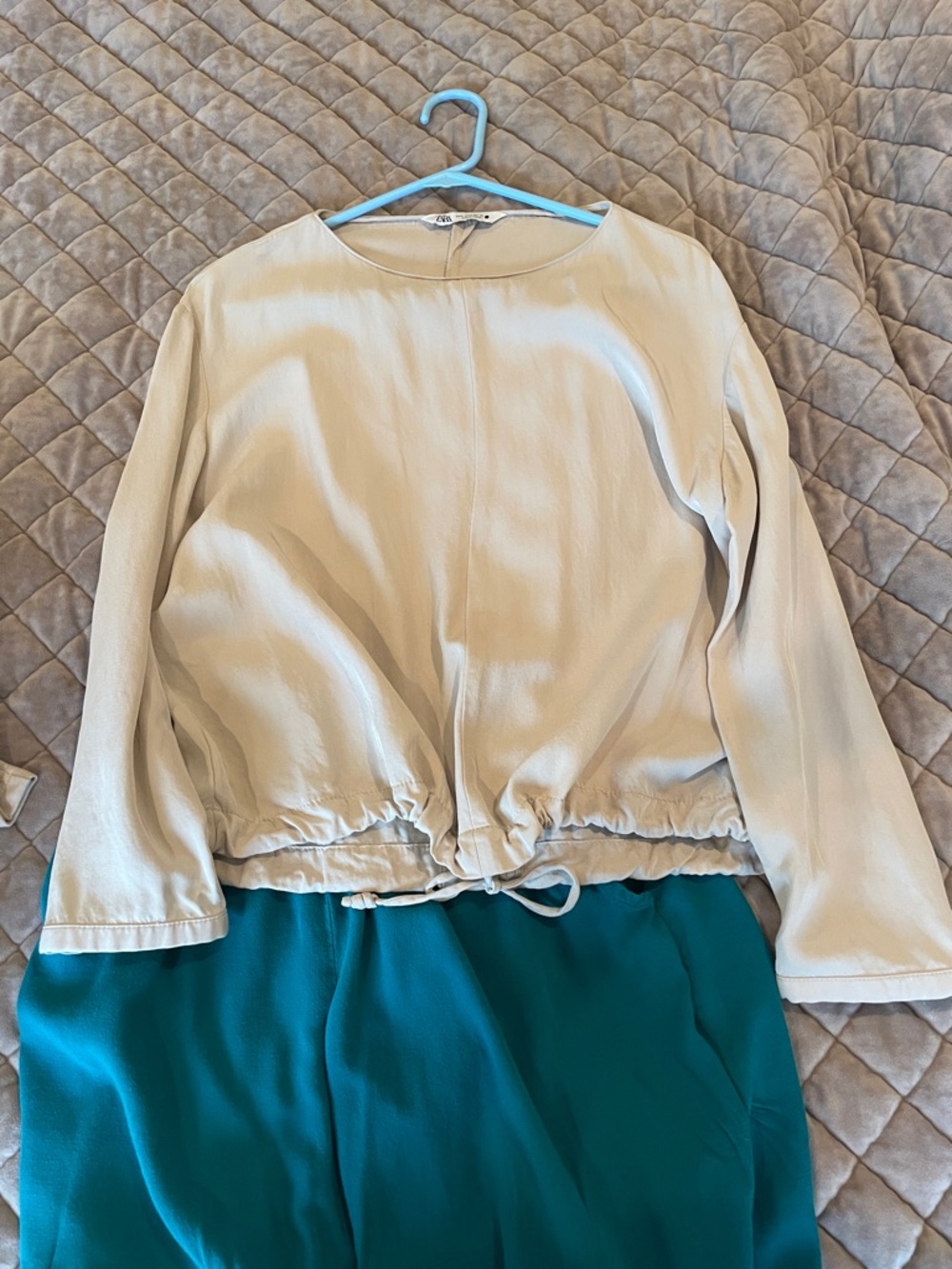 Zara Cream Drawstring-Hem Long Sleeve Top